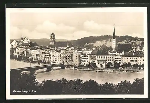 AK Wasserburg am Inn, Fluss mit Ortsansicht aus der Vogelschau
