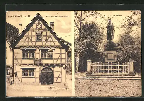 AK Marbach a. N., Schillers Geburtshaus, Schiller-Denkmal