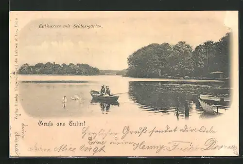 AK Eutin, Eutinersee mit Schlossgarten, Schwäne und Leute im Ruderboot