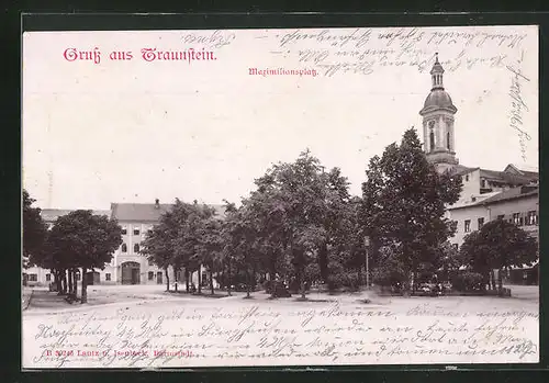 AK Traunstein, Maximiliansplatz mit Kirche