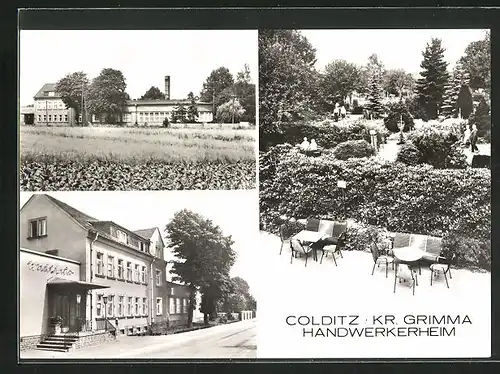 AK Colditz, Handwerkerheim mit Terrasse und Garten, Fabrik