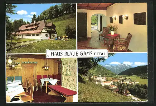 AK Ettal, Gasthaus Blaue Gams mit Innenansicht vom Speiseraum