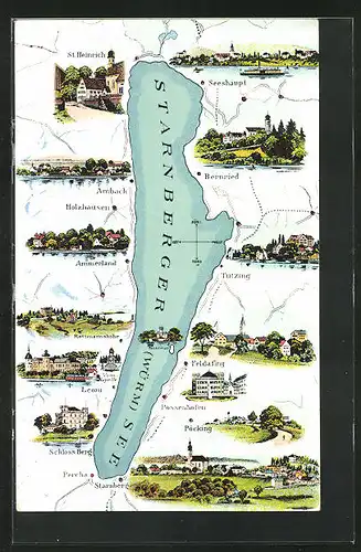 Lithographie Seeshaupt, Starnberger See mit Feldafing, Pöcking und Holzhausen