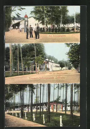 AK Zeithain, Truppenübungsplatz mit Hauptwache, Infanterie-Barackenlager & Denkmalsplatz
