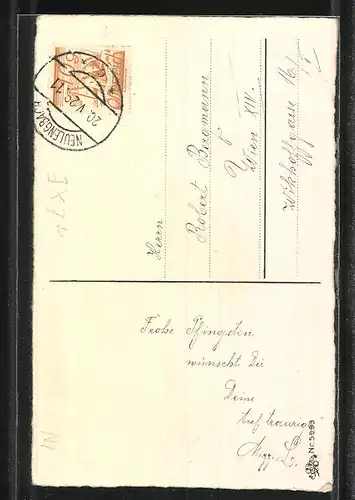 AK Maikäfer mit Briefmarken auf einem Blatt