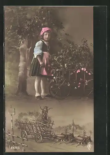 AK Maikäfer mit Fuhrwerk, kleines Blumenmädchen mit Wagen, Pfingstgruss