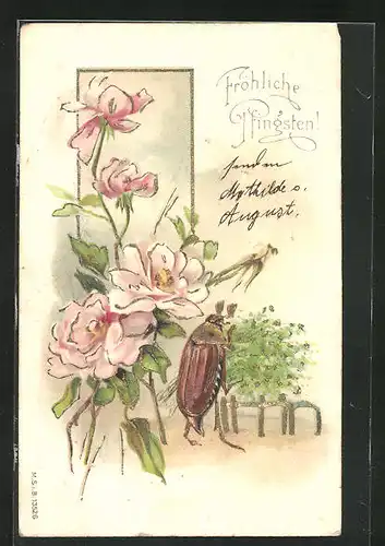 AK Pfingstgruss, Maikäfer mit Blumenstrauss
