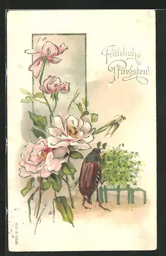 AK Pfingstgruss, Maikäfer mit Blumenstrauss