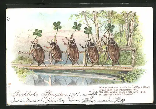 AK Maikäfer singen und spazieren mit Vierblattklee über eine Flussbrücke