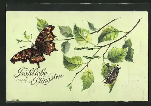 Präge-AK Maikäfer klettert auf einem Blatt herum, Schmetterling