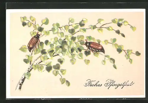 Präge-AK Maikäfer klettern auf einen Ast hoch