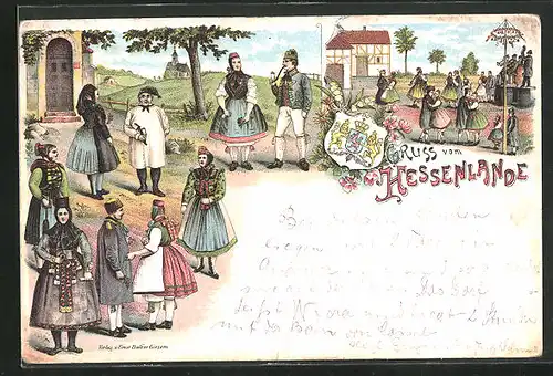 Lithographie Gruss vom Hessenlande, Volkstrachten