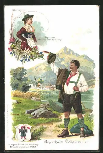 Lithographie Volkstrachten aus Oberbayern, Tegernsee, Berchtesgaden und Reichenhall