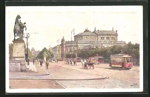 Künstler-AK Wien, Strassenbahnen am Burgtheater