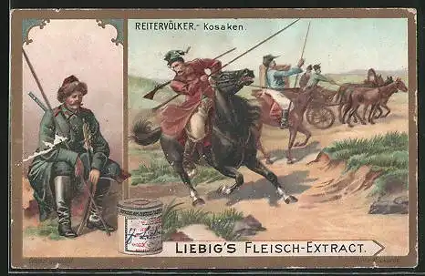 Sammelbild Liebig`s Fleisch-Extrakt, Reitervölker, Kosaken, zu Pferd ins Gefecht