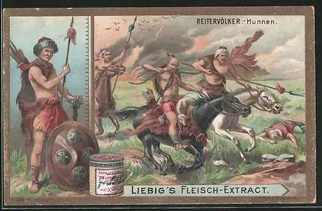 Sammelbild Liebig`s Fleisch-Extrakt, Reitervölker, die Hunnen zu Pferd im Gefecht