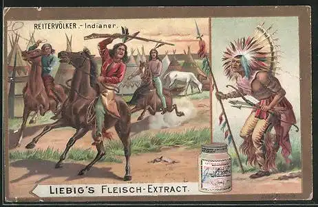Sammelbild Liebig`s Fleisch-Extrakt, Reitervölker, Indianer, zu Pferd vor ihren Tippis