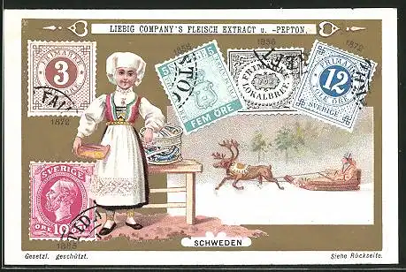 Sammelbild Liebig, Liebig`s Fleisch-Extrakt und Pepton, Schweden, Mädchen in Trachtenkleid