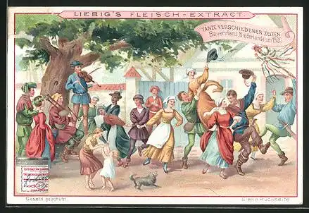 Sammelbild Liebig`s Fleisch-Extrakt, Tänze verschiedener Zeiten, niederländischer Bauerntanz um 1500
