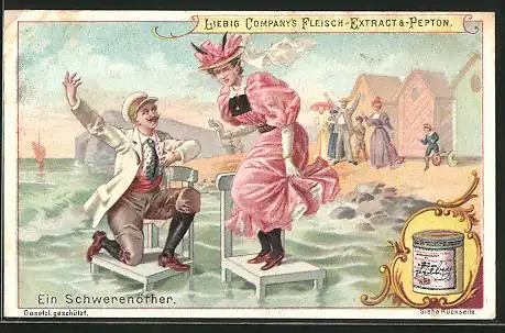 Sammelbild Liebig`s Fleisch-Extrakt und Pepton, ein Schwerenöther, Pärchen auf Stühlen im Meer