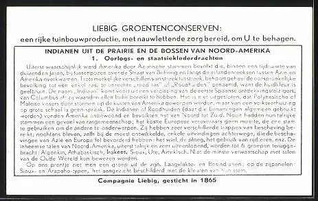 Sammelbild Liebig, Indianen uit de Prairie en de Bossen van Noord-Amerika, Oorlogs-en staatsieklederdrachten