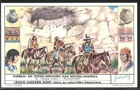 Sammelbild Liebig, Pueblo- en Totem-Indianen van Noord-Amerika, Navajo ruiters, Rotswoningen