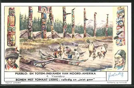 Sammelbild Liebig, Pueblo- en Totem-Indianen van Noord-Amerika, Vissersdorp, entladen der Boote