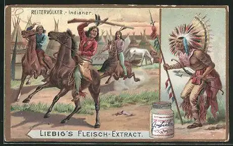 Sammelbild Liebig`s Fleisch-Extract, Reitervölker, Indianer zu Pferd im Dorf
