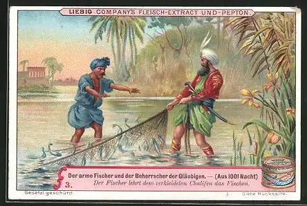 Sammelbild Liebig`s Fleischextract und -Pepton, der arme Fischer und der Beherrscher der Gläubigen, Fischen lernen