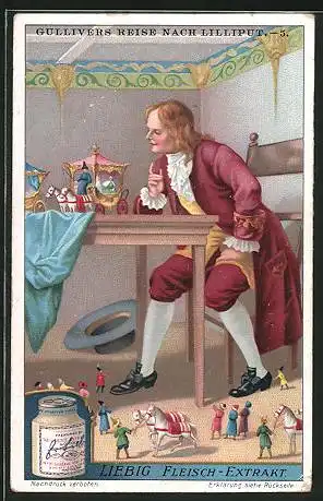 Sammelbild Liebig`s Fleisch-Extract und -Pepton, Gullivers Reise nach Lilliput, am Tisch mit den Lilliputanern