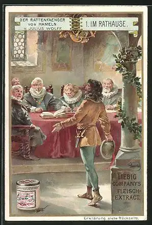 Sammelbild Liebig`s Fleisch-Extract und -Pepton, Der Rattenfänger von Hameln, Szene im Rathaus