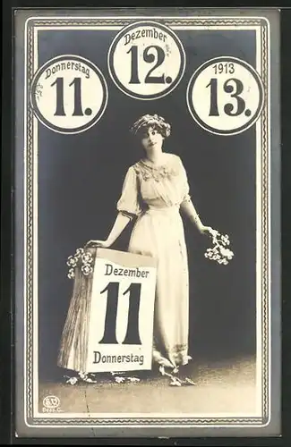AK Jahrhundertdatum 11.12.13, junge Frau mit einem Abreisskalender