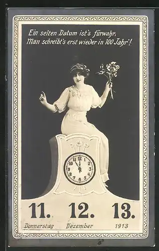AK Frau sitzend auf einer Uhr mit dem Jahrhundertdatum darunter
