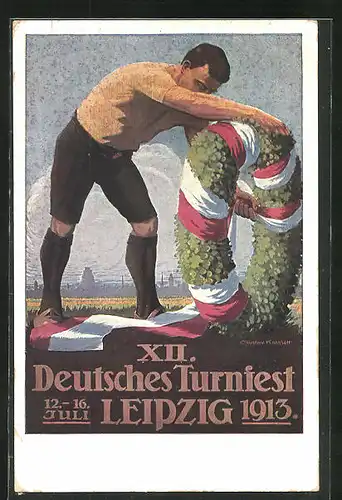 AK Leipzig, XII.Deutsches Turnfest Juli 1913, junger Mann mit Siegerkranz