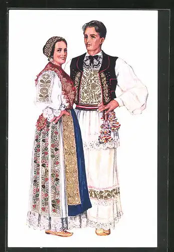 Künstler-AK Vladimir Kirin, Slawonien, Paar in kroatischen Volkstrachten, Jugoslawien