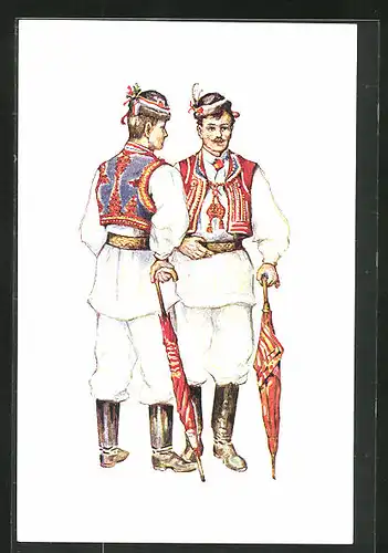 Künstler-AK Sestine, Junge Burschen in kroatischen Volkstrachten, Jugoslawien
