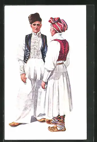 Künstler-AK V. Kirin, Donja Kupcina, Junges Paar in kroatischen Trachten, Jugoslawien
