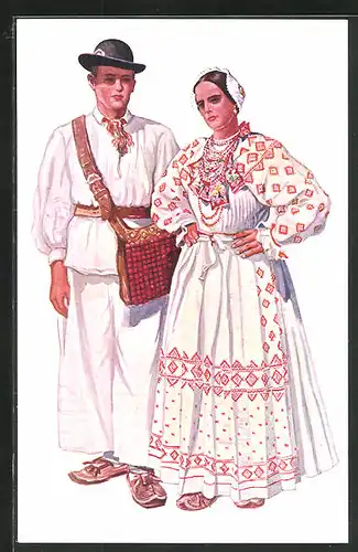 Künstler-AK V. Kirin, Novo Cice, Paar in kroatischen Trachten, traditionelle Umhängetasche, Jugoslawien