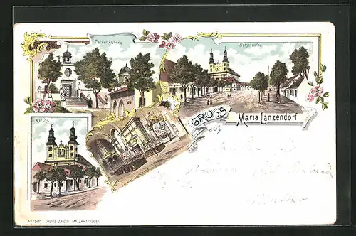 Lithographie Maria Lanzendorf, auf der Ortsstrasse, am Calvarienberg, die Kirche, Kircheninneres