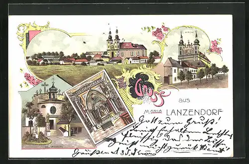 Lithographie Lanzendorf, Blick zur Kirche, Kircheninneres, am Kalvarienberg