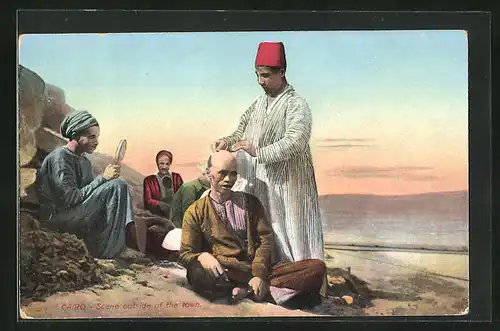 AK Cairo, arabischer Handwerker, Scene outside of the town, Friseur beim Haare schneiden