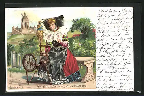 Lithographie Schaumburg - Lippe, Bad Eilsen, Frau in Tracht mit Spinnrad
