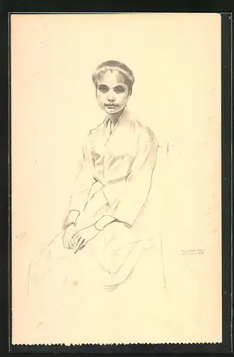 Künstler-AK sign. Eduardo Malta: Paris, Exposition internationale 1937, Maria Guilhermina - Timor, sitzende junge Frau