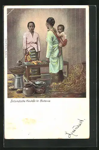 Lithographie Indonesien, Inlandsche Keuken te Batavia, junge Frauen beim Kochen