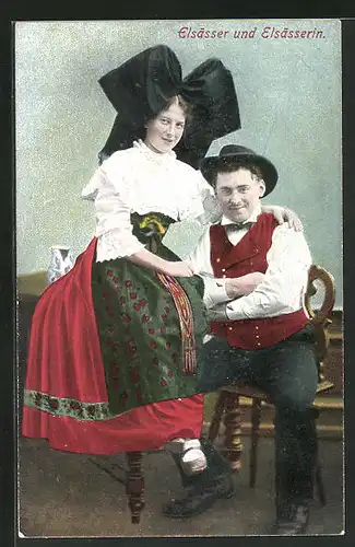 AK Alsace, Mann und Frau in elsass-lothringischer Tracht
