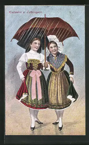 AK Frauen in elsass-lothringischen Trachten im Regen