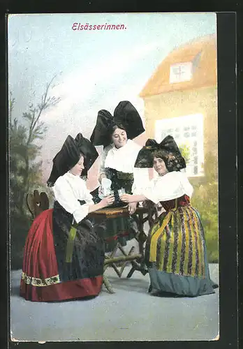 AK Elsass - Lothringen, drei Frauen in Trachten am Tisch