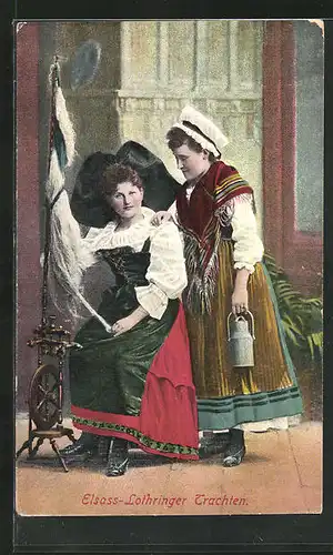 AK Elsass - Lothringen, zwei Frauen in Trachten am Spinnrad