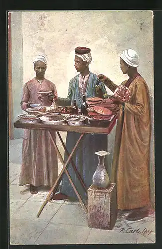 Künstler-AK arabische Händler, 3 Herren mit Waren auf dem Tisch