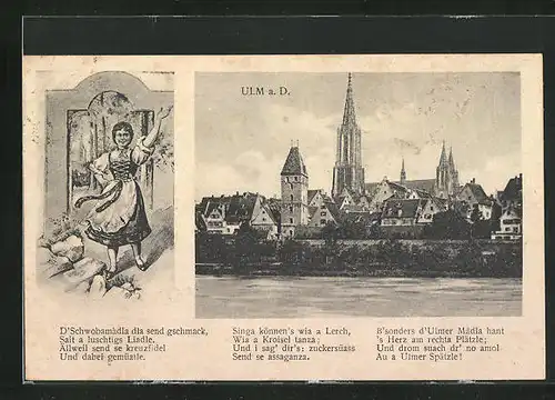 AK Ulm / Donau, Teilansicht mit Kirche, D'Schwobamädla